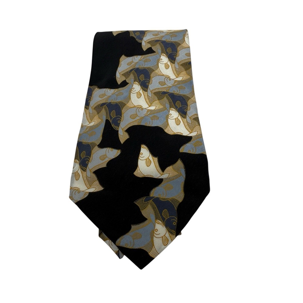 MC Escher 100% Silk Tie, New With Tag, Gold Blue Black Fish‎ ~54" x 4"